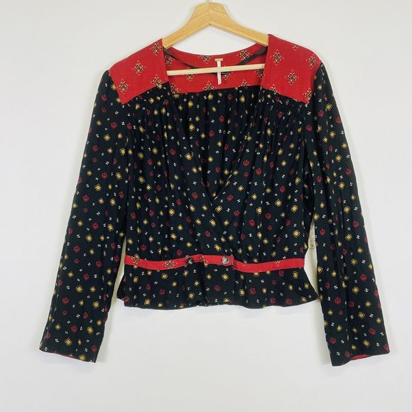 NEW Free People  Womens Medium Black Maroon Where We Roam Ditsy Top Blouse - Picture 1 of 7